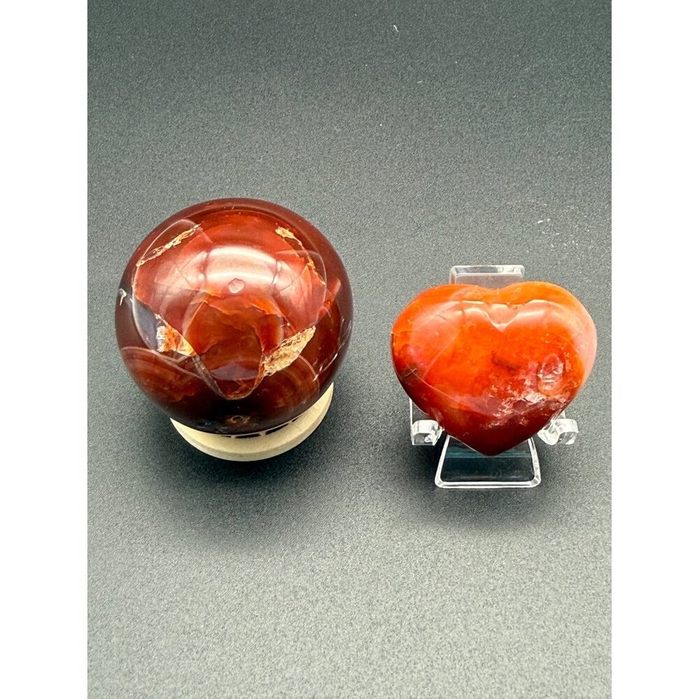 Natural Carnelian Sphere & Heart Red Palm Stone Drusy Orb Crystal Healing Reiki